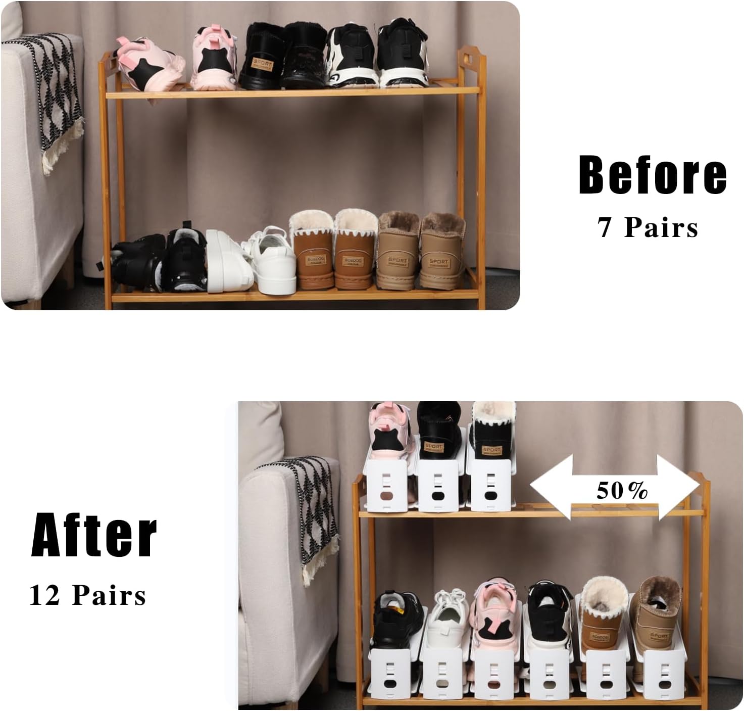 12 Pack Shoe Slots Organizer Adjustable Level Shoe Stacker Holder Storage Space Saving Sneakers Display Tray Rack for Closet (White, 12Pack) - Image 5