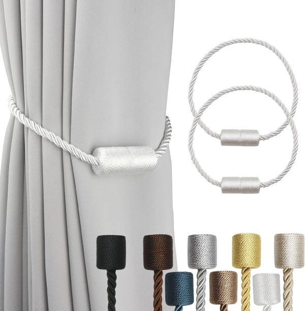 2 Pack White Strong Magnetic Curtain Tiebacks Outdoor Elegant Decorative Tie Backs Modern Rope Tiebacks for Drapes Window Curtain Holdbacks for Draperies