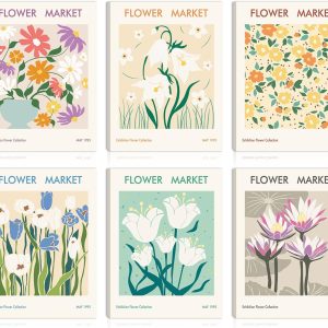 AUIAU Flower Market Wall Art Prints Matisse Art Poster Spring Floral Canvas Framed Print Room Aesthetic Decor for Girls Dorm Bedroom Gallery Living Room Decor 12x16 Inch Set of 6