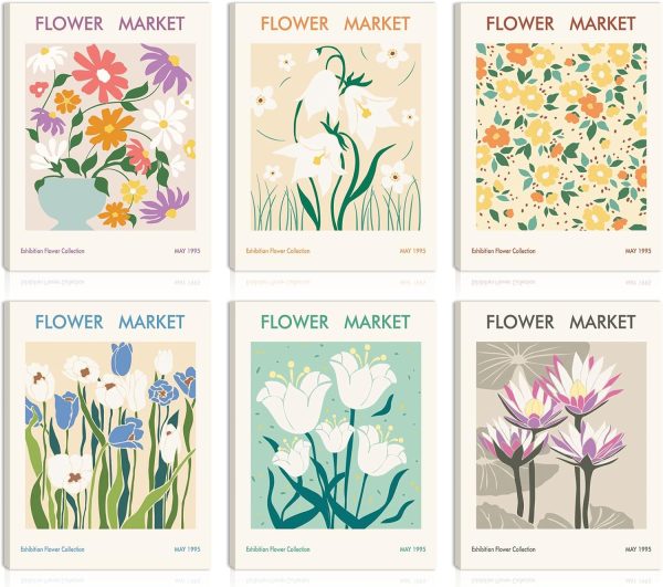 AUIAU Flower Market Wall Art Prints Matisse Art Poster Spring Floral Canvas Framed Print Room Aesthetic Decor for Girls Dorm Bedroom Gallery Living Room Decor 12x16 Inch Set of 6