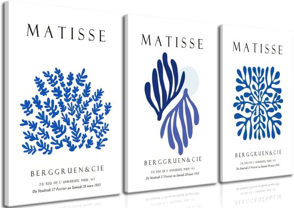Djmwtb Matisse Canvas Wall Art Abstract Navy Blue Poster Prints Framed Set of 3 Minimalist Flower Aesthetic Pictures Modern Artwork Painting Wall Decor for Living Room Bedroom Bathroom 12"x16"x3