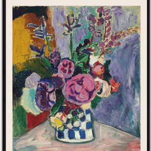 Framed Canvas Print Wall Art The Peonies, 1907 Famous Paintings By Matisse Colorful Peony Flower Illustration Canvas Print Artwork for Living Room, Bed Room, Office - 12x16 in Black Framed