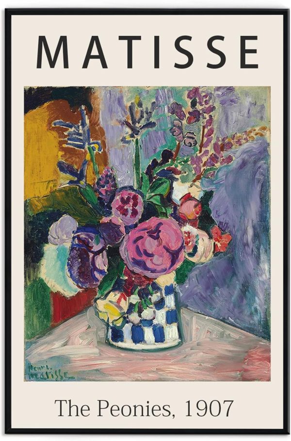 Framed Canvas Print Wall Art The Peonies, 1907 Famous Paintings By Matisse Colorful Peony Flower Illustration Canvas Print Artwork for Living Room, Bed Room, Office - 12x16 in Black Framed