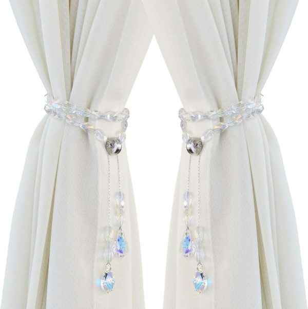 Magnetic Curtain Tiebacks,Crystal Beads Rope Drapery Holdbacks Holder for Small,Thin or Sheer Window Draperies,12 Inch Long,2 Pack (White)