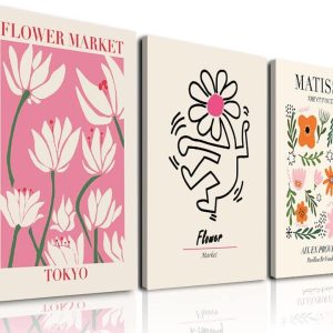 Matisse Wall Art Set of 3, Abstract Matisse Wall Art Exhibition Posters, Pink Beige Flower Market Posters, Minimalist Framed Flower Market Wall Art, Canvas Matisse Prints Painting for Aesthetic Room, Bedroom, Living Room Wall Decor（12x16inch)