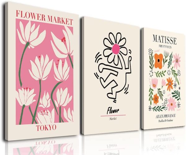 Matisse Wall Art Set of 3, Abstract Matisse Wall Art Exhibition Posters, Pink Beige Flower Market Posters, Minimalist Framed Flower Market Wall Art, Canvas Matisse Prints Painting for Aesthetic Room, Bedroom, Living Room Wall Decor(12x16inch)