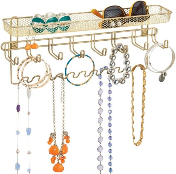 mDesign Steel Wall Mount Bedroom Closet Jewelry Storage Organizer Rack with 8 Hooks/Basket - Decorative Hanger Holder for Necklace, Bracelet, Belt, Accessories - Concerto Collection, Gold Brass