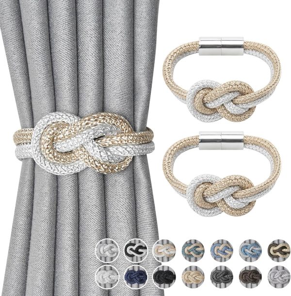 NICEEC 2 Pack Mini Magnetic Curtain Tiebacks Nordic Simple Style Drape Tie Backs Elegant Hand Weave Rope Knot Decorative Curtain Holdbacks for Home & Office Thin Window Drapery (Beige & White)