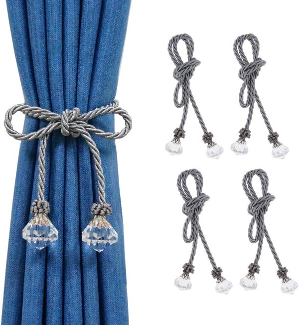 Curtain Tiebacks Rope with Crystal, 2pcs Decorative Handmade Tie Back Curtain Holdbacks Ropes for Window Sheer Drapes Home Office, White