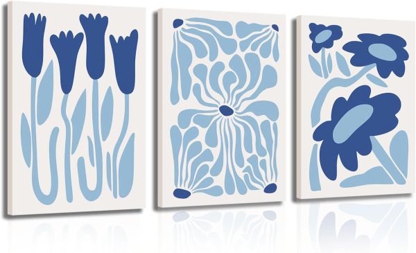 YFvrPt Matisse Flower Market Wall Art Framed 16x24 Inch Light Blue Abstract Plant Canvas Poster Prints Wall Decor Set of 3 Modern Minimalist Picture Gallery Painting Artwork for Bedroom Living Room